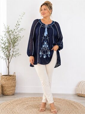 Denim 24/7 16W Blue Boho Peasant Tunic Blouse Sheer Tassel Plus Size